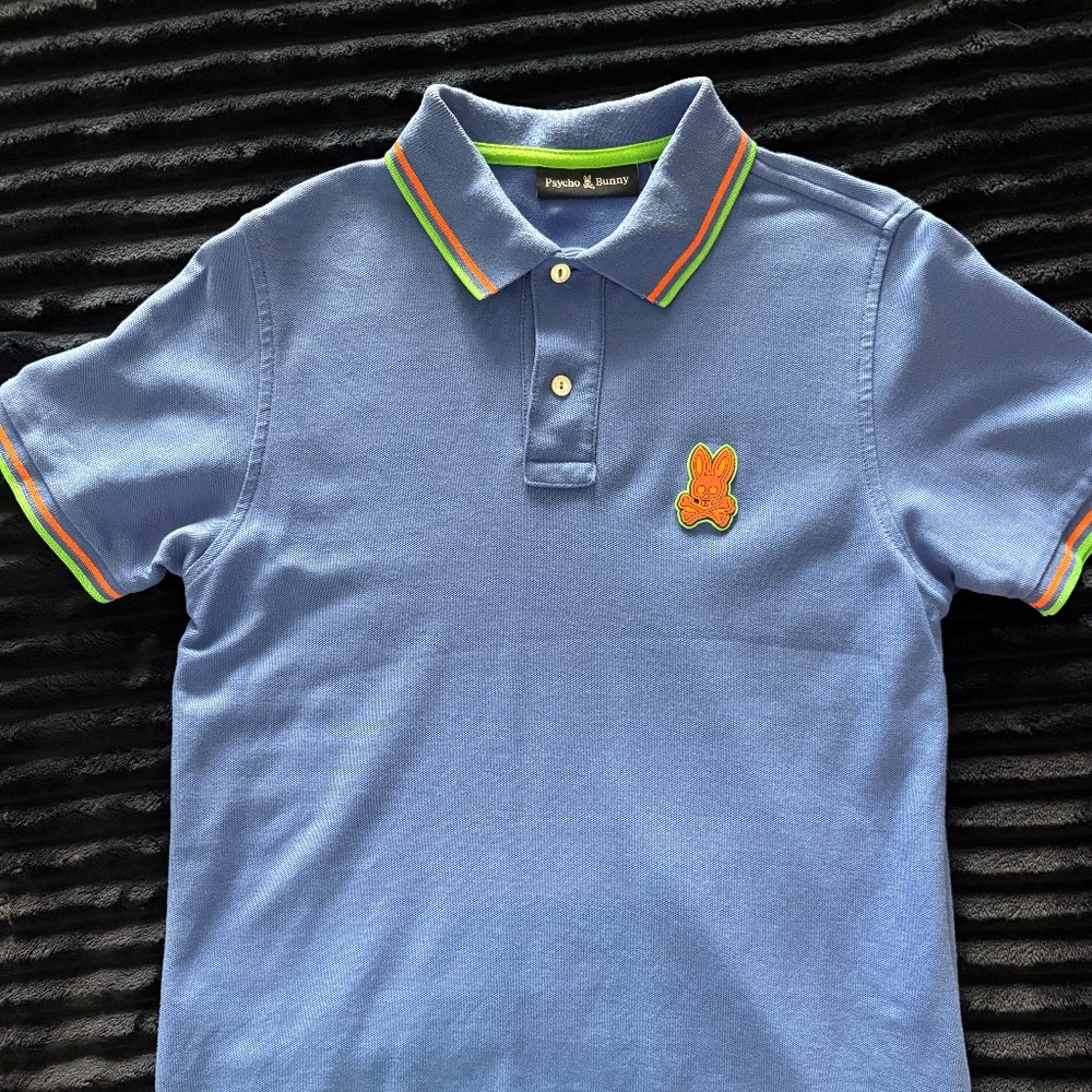 Psycho Bunny Polo Shirt Men's Medium Blue With Orange And Bright Green Accents